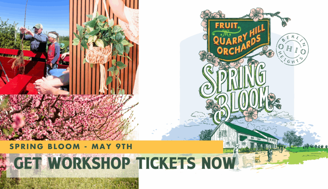 spring bloom event collage with event logo, blooming orchard trees, workshop leading and macrame plant hangers